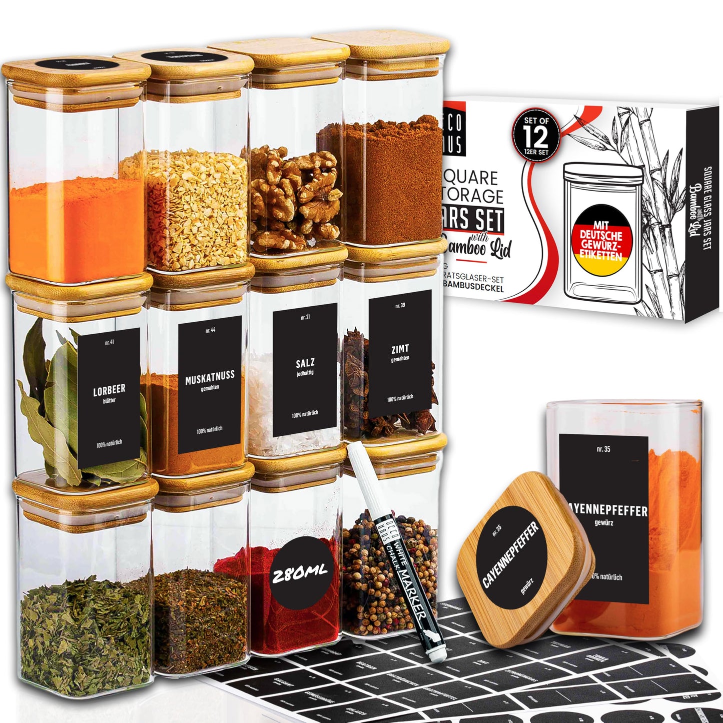 Vorratsgläser-Set mit Deckel, 12 Stk., 1 Grösse/280ml, eckig