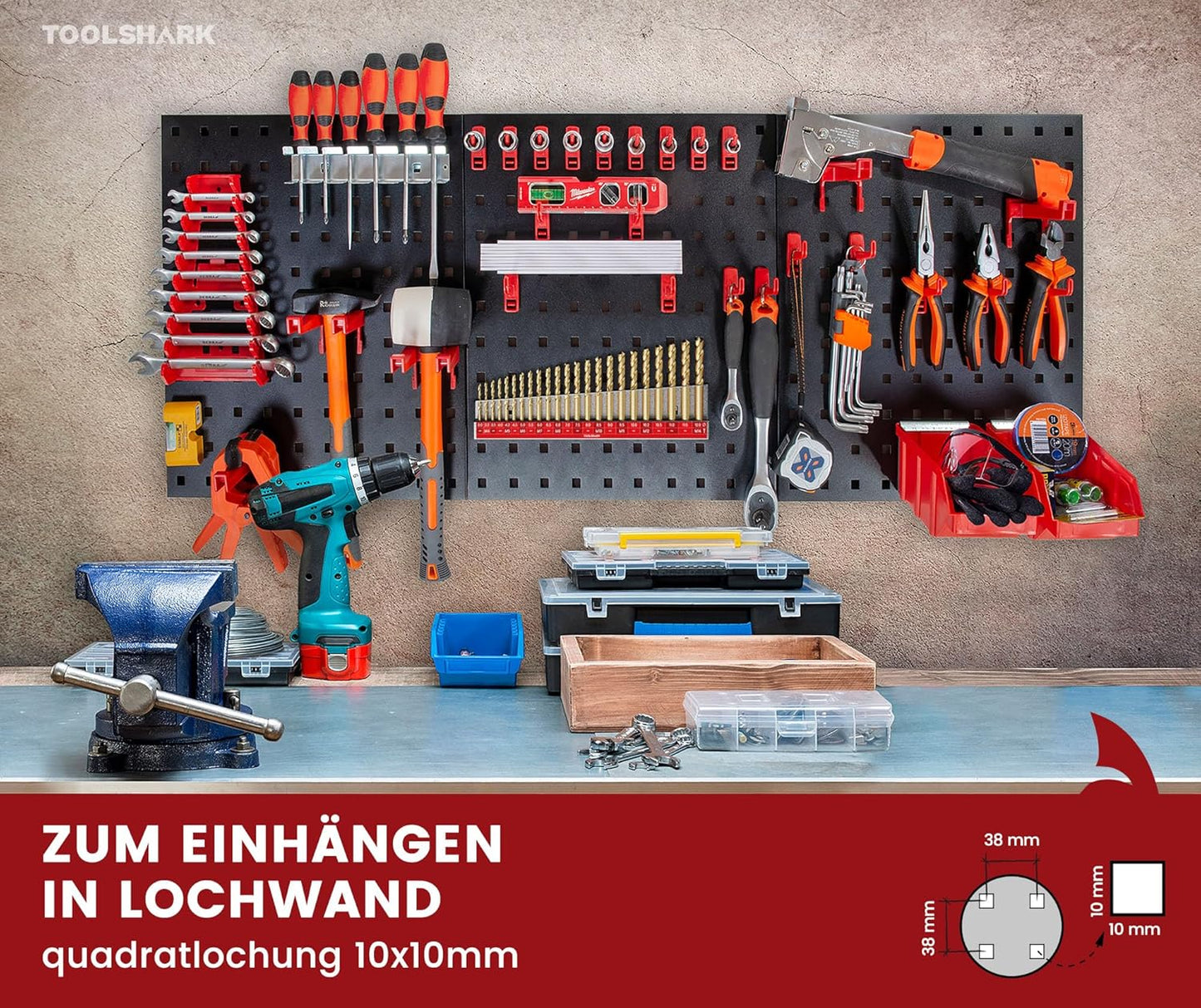 Bohrerhalter für Lochwand 46 Bohrer, Lochwand Quadratlochung