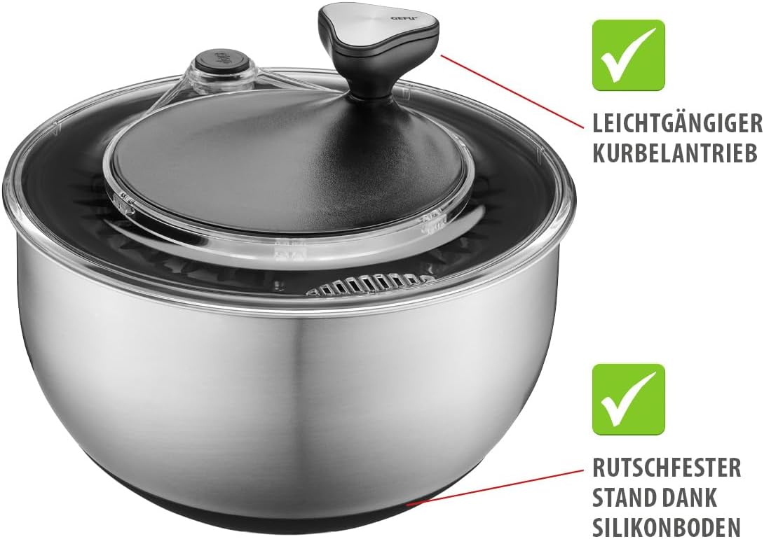 Salatschleuder mit Kurbelantrieb, 4,5l & Deckel Edelstahl/Schwarz + Frischhaltedeckel