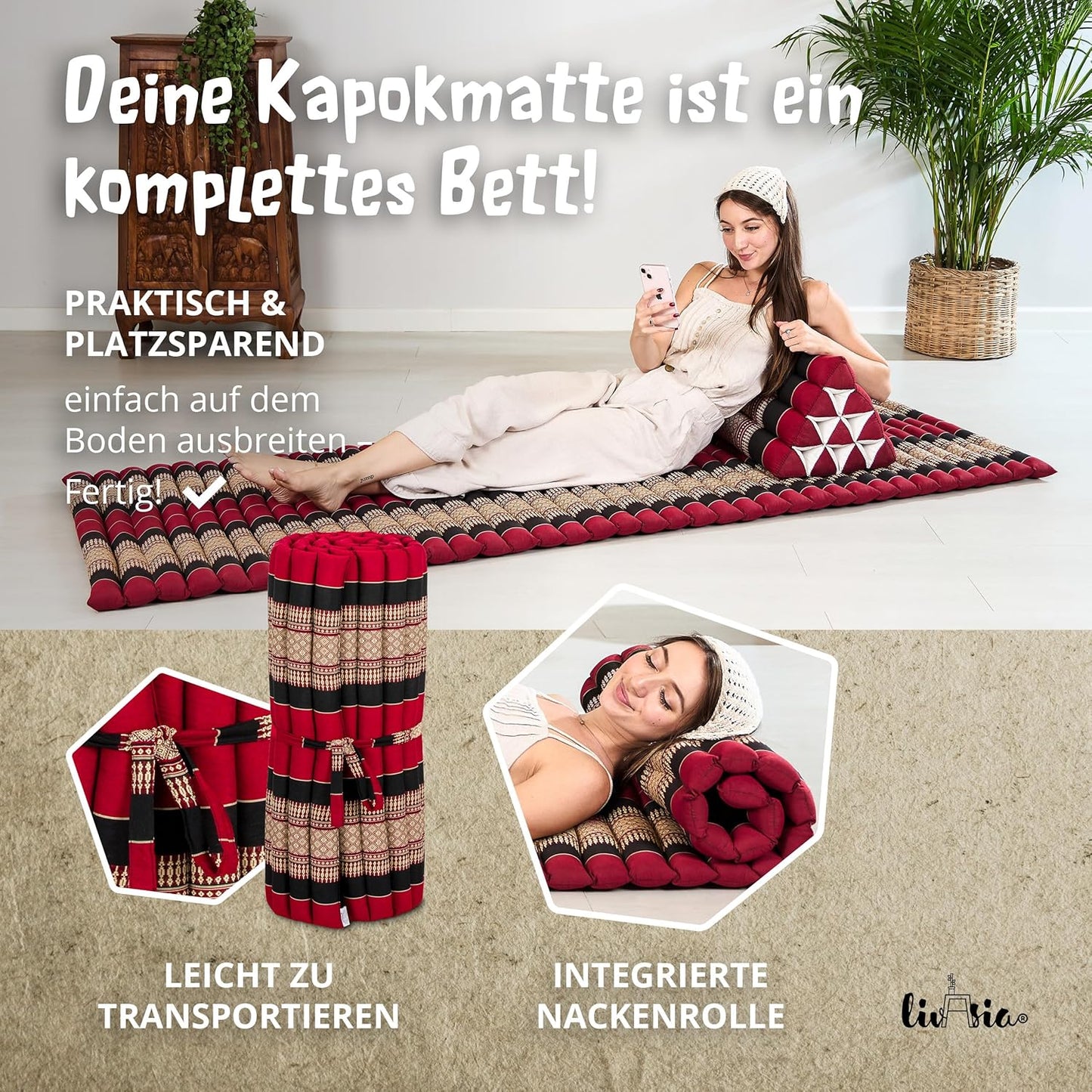 Rollmatte Gästematratze (200x110x4,5cm), M (200 x 75 cm) Rot/Schwarz