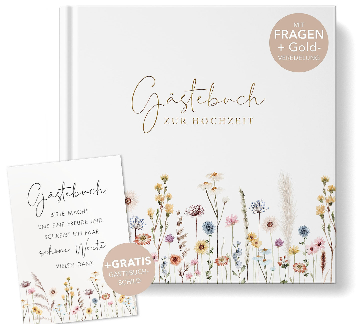 Hochzeit-Gästebuch mit Fragen zum Ausfüllen, mit Fragen Wildflowers/Gold