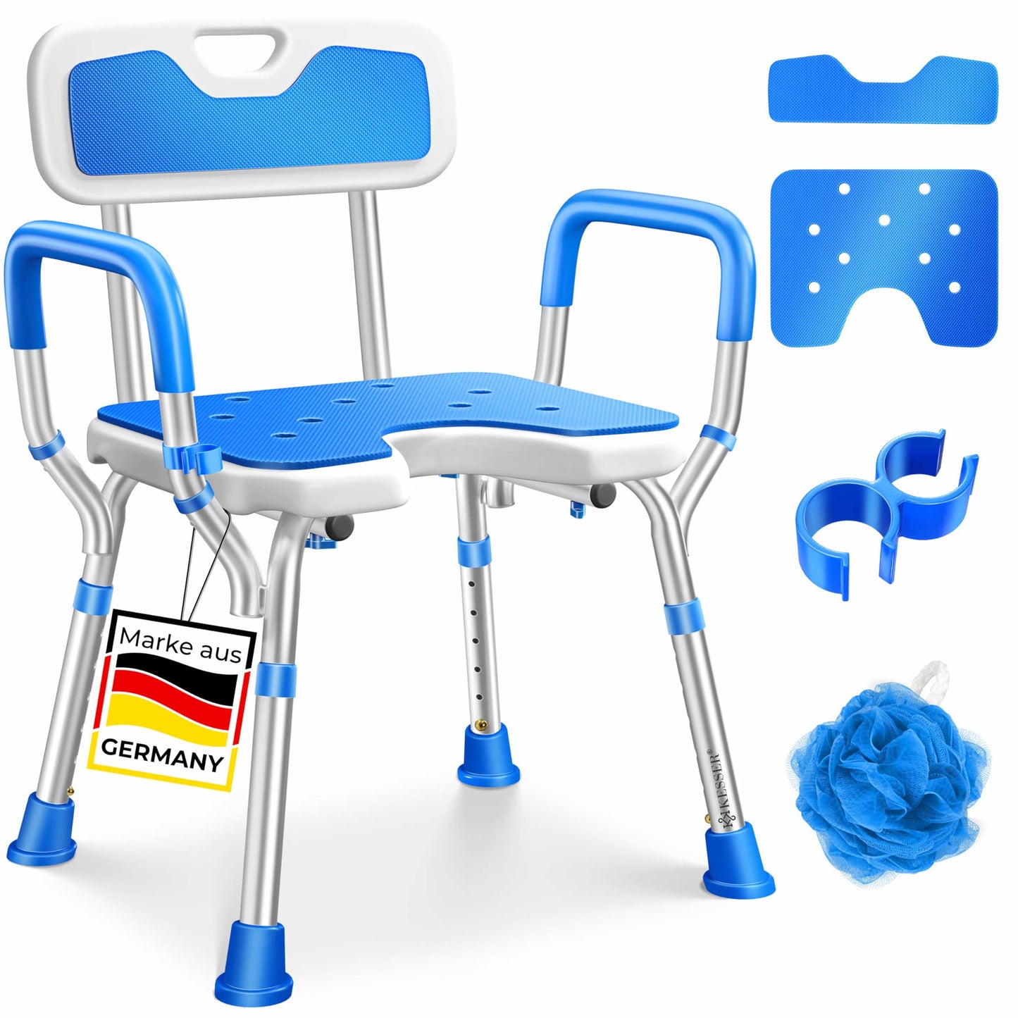 Höhenverstellbarer Duschhocker mit Lehne, Weiss / Blau
