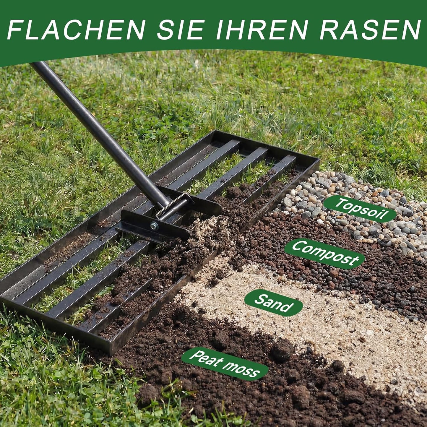 Rasen-Nivellierungsrechen mit verstellbarem Stiel, 198cm 76x25cm