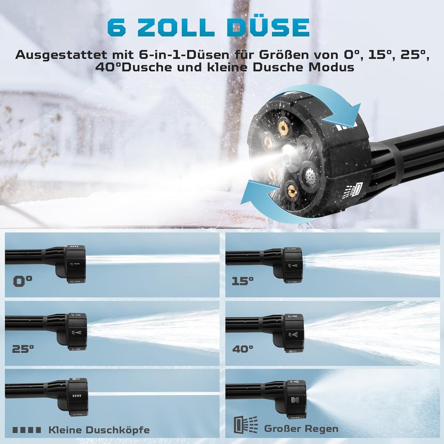 Mobiler Akku-Hochdruckreiniger 21V inkl. 2 Akkus, 120 Bar - 6-in-1-Düse