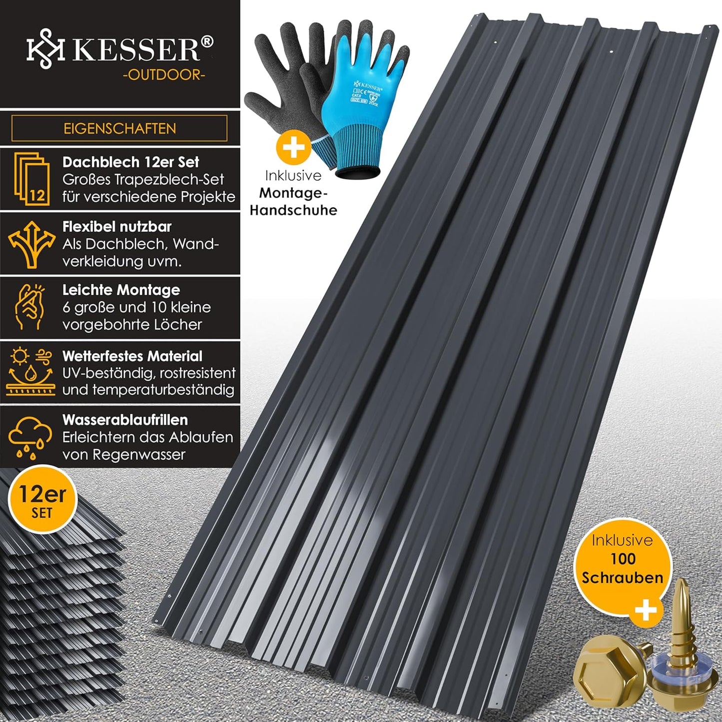 12-teiliges Trapezblech-Set für Dach (12 Stück) inkl. Zubehör, Anthrazit, 129x45cm / 12 Stück