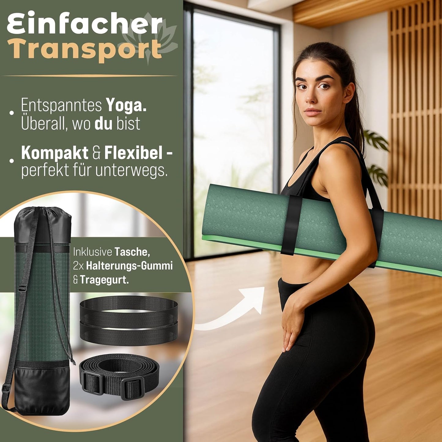 Yogamatte Phthalatfrei rutschfest 183x61x0,6 cm, Dunkelgrün / Limette