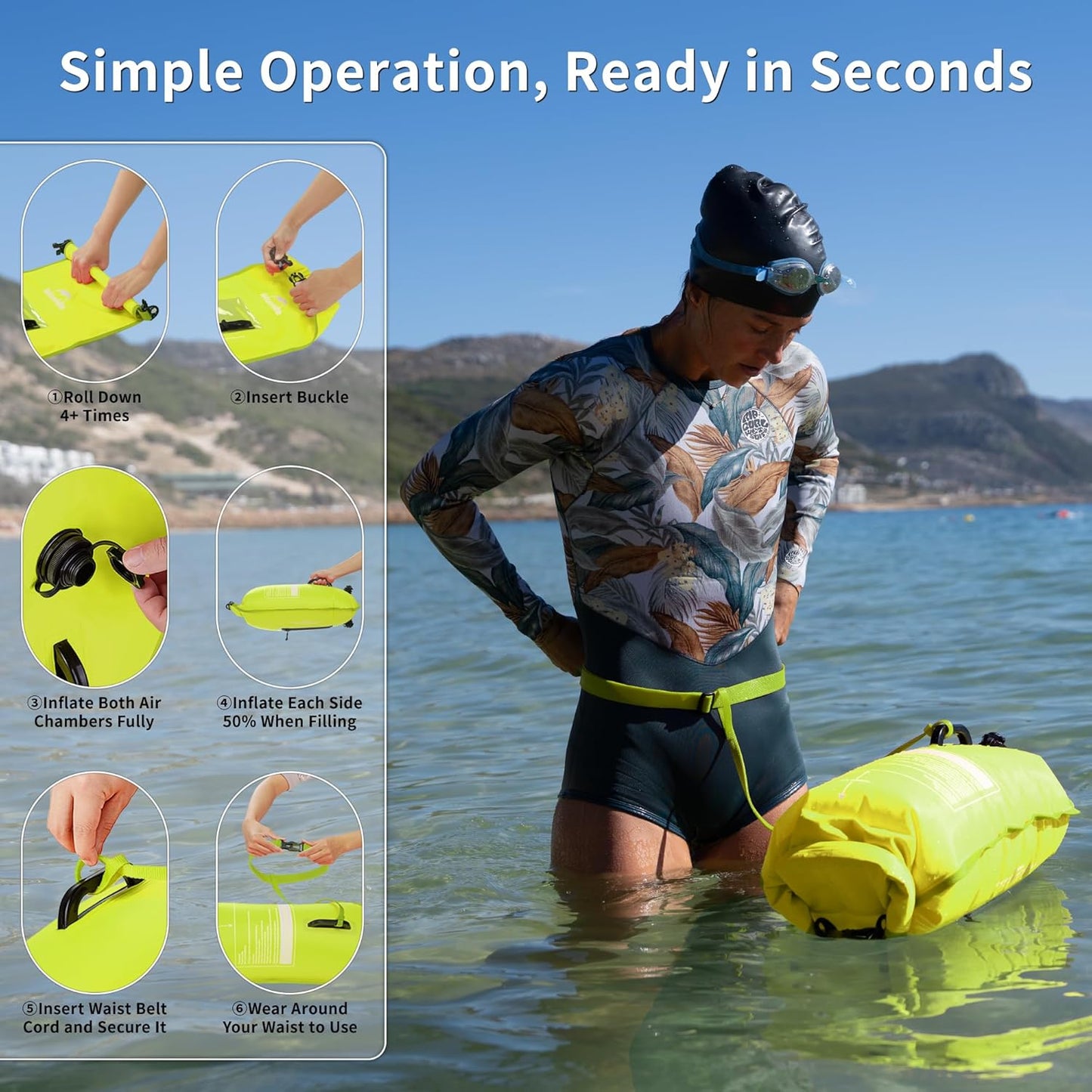 Schwimmboje mit verstellbarem Hüftgurt und Handyfach, Gelb/18l/Upgrade