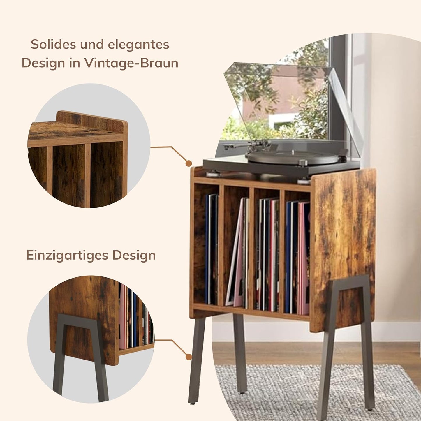 Plattenspielertisch mit 4 Fächern, Vintage Braun 40 x 30 x 66cm