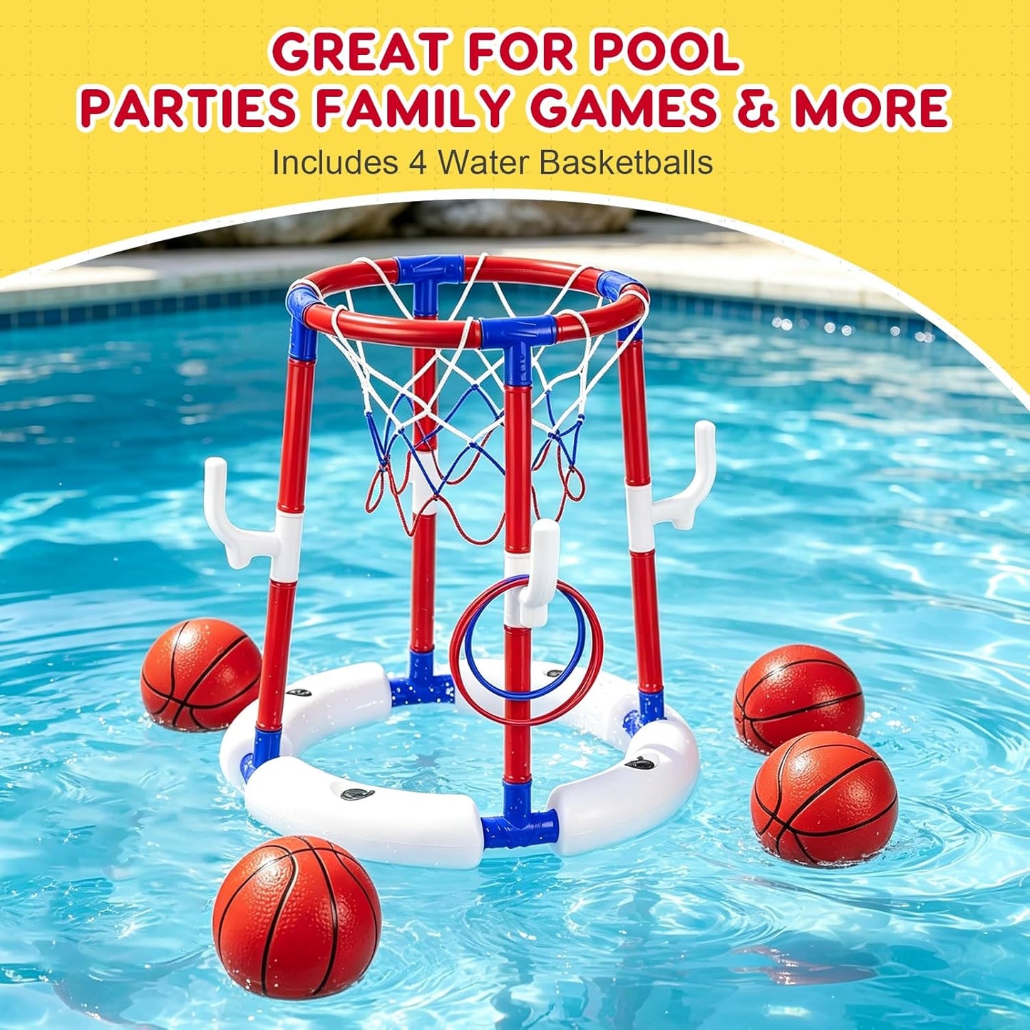 Pool-Basketballkorb mit 4 Bällen, 6 Ringen und Pumpe
