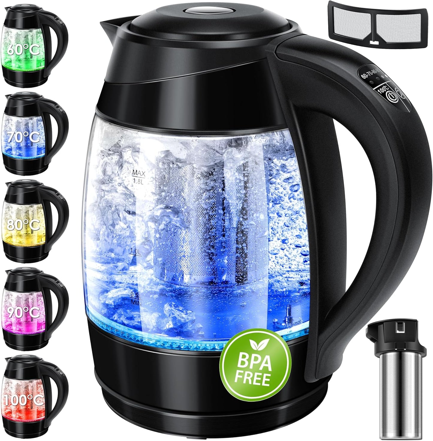 Wasserkocher mit LED & Teesieb, Schwarz/Schwarz