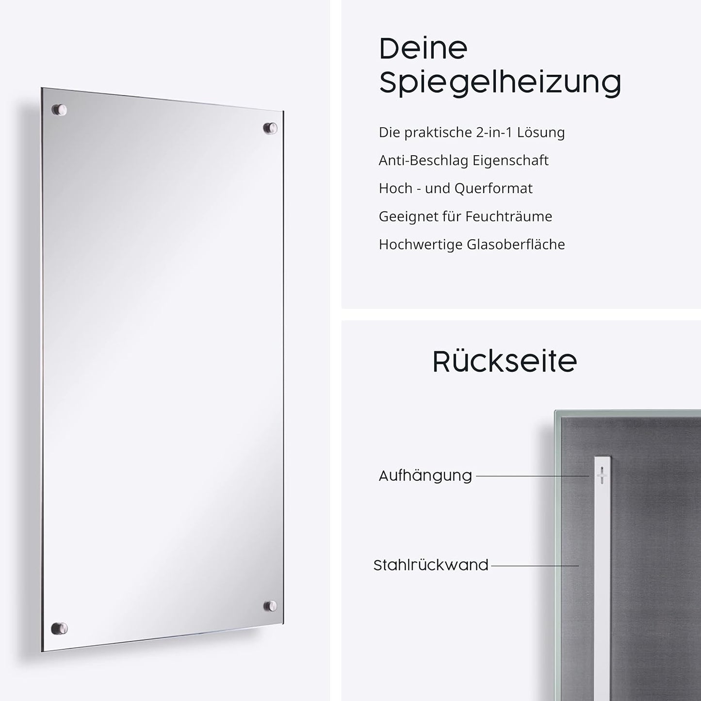 Spiegel Infrarotheizung mit Thermostat, 600W Rahmenlos