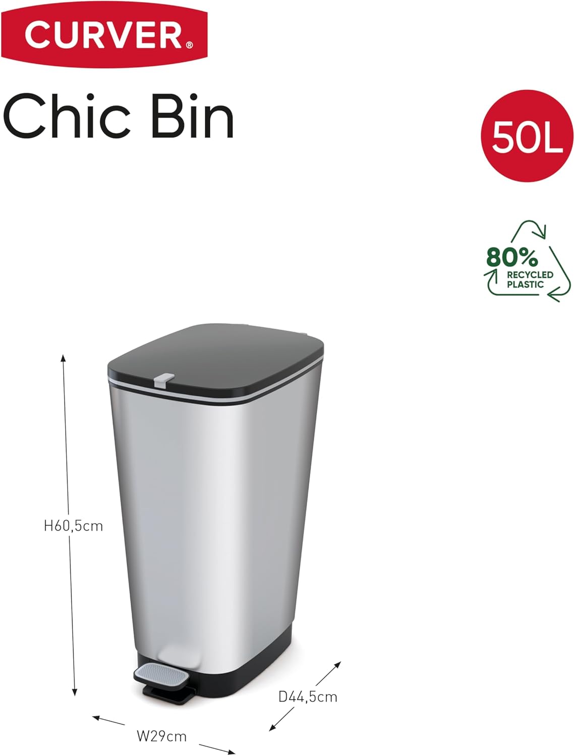 Chic Treteimer mit Deckel, 45 Liter silber metallic