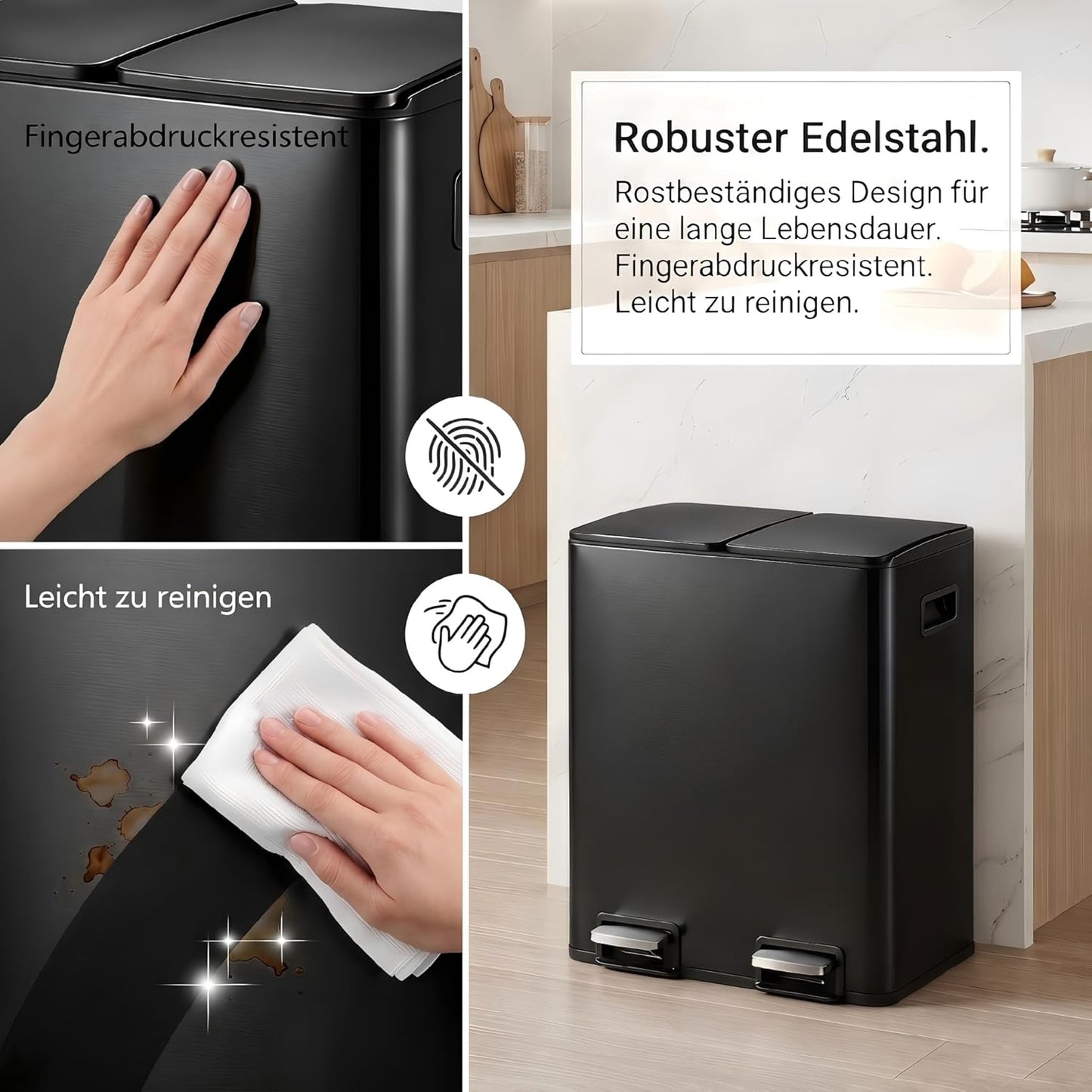 Treteimer mit Mülltrennsystem, Schwarz 48L