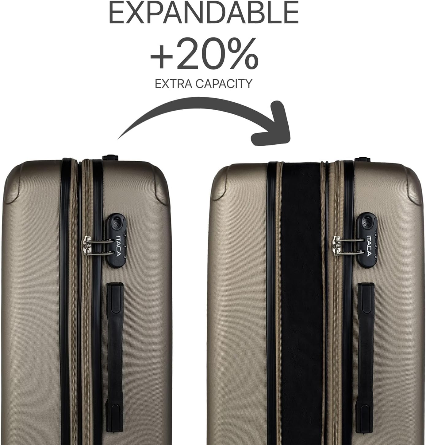 Hartschalenkoffer mit Beautycase, erweiterbar & Zahlenschloss, Champagner L + XS