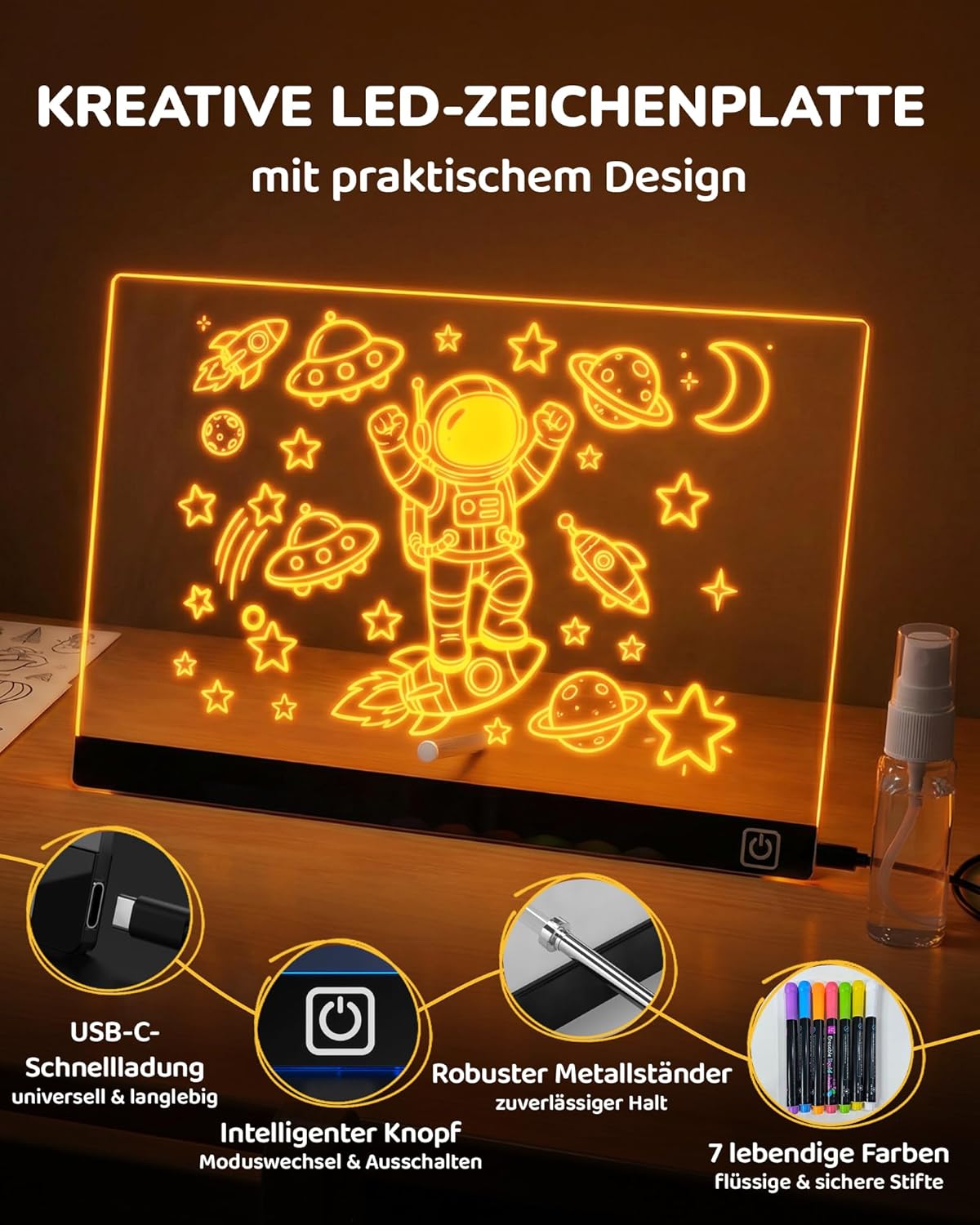 LED-Zeichentafel für Kinder, Schwarz 16 Zoll