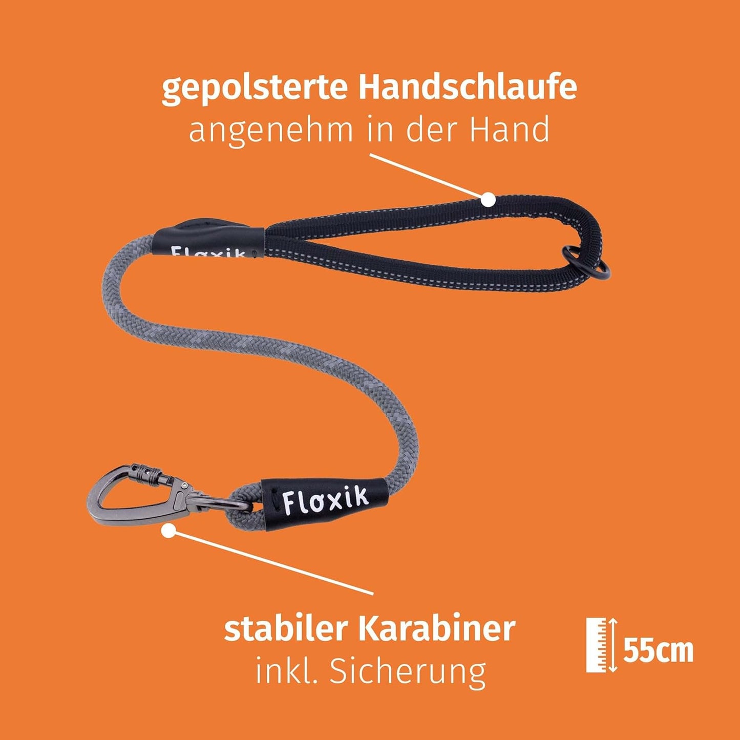 Reflektierende Hundeschleppleine mit Handschlaufe, 15m / Grau