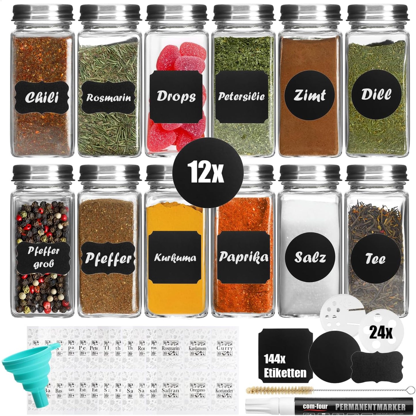 12-teiliges Gewürzgläser Set mit Zubehör-Paket, 12 Stück Gläser mit Zubehör