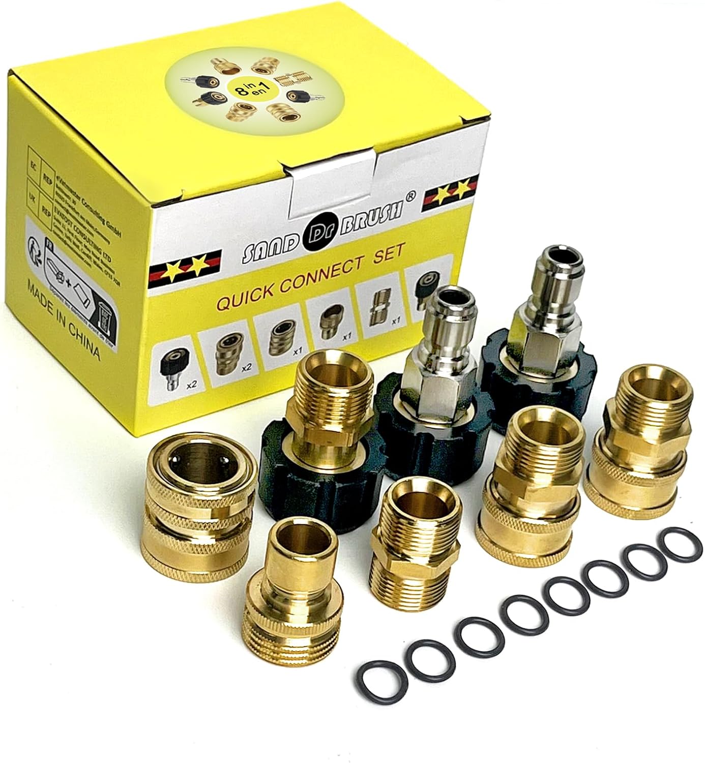 Hochdruckreiniger Adapter-Set, 8 x Messing-Edelstahl