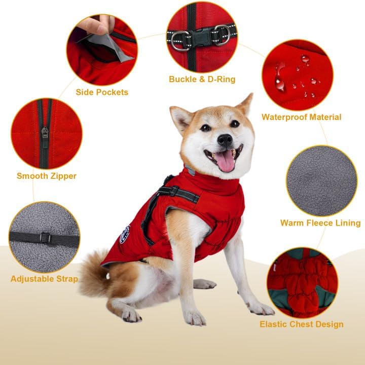 Winterhundemantel Wasserdicht mit Bauchschutz und Geschirr, S Rot