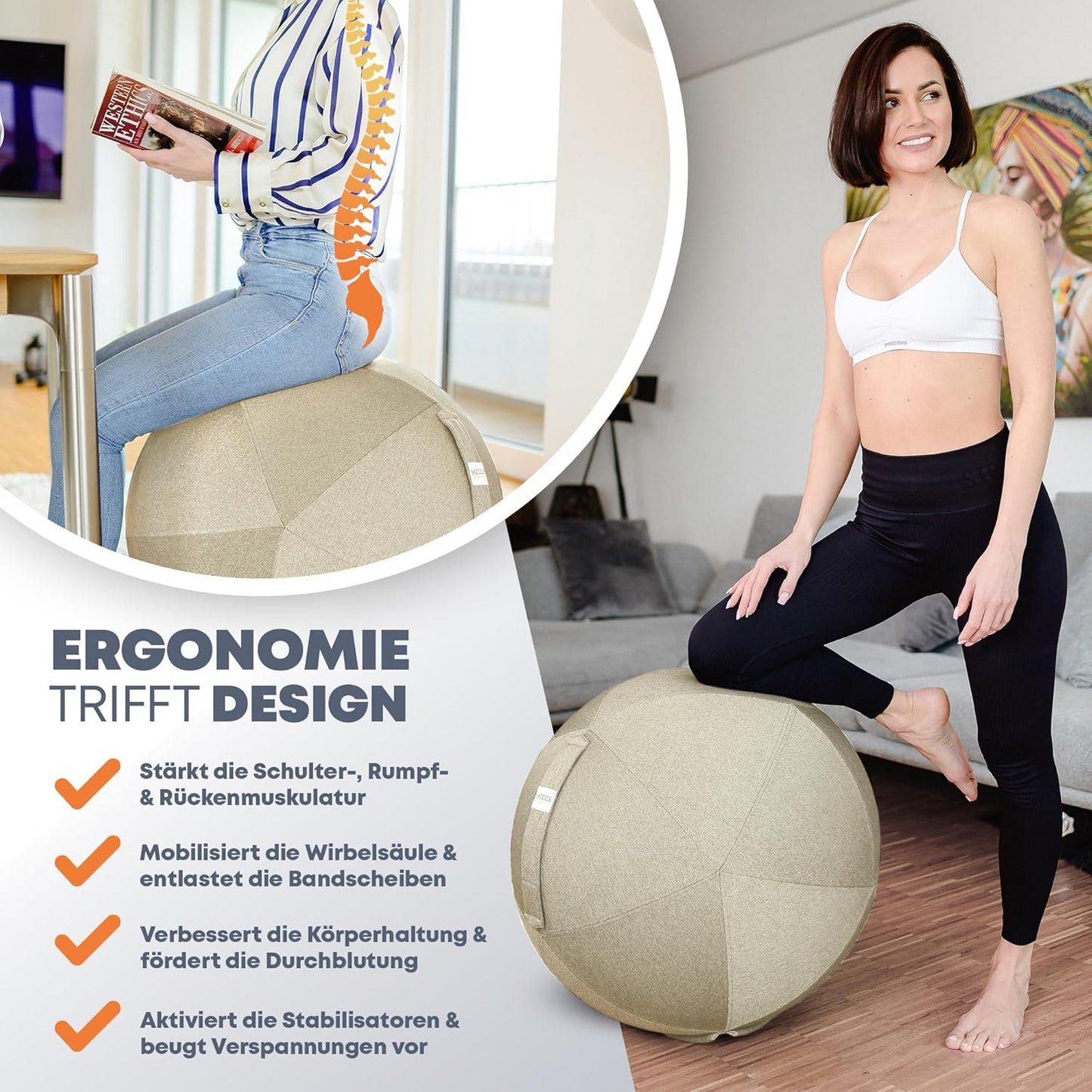 Ergonomischer Sitzball mit Stoffbezug, Perlmutt-beige 65 cm