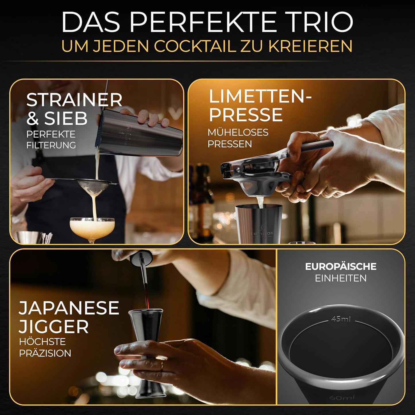 Cocktail-Shaker-Set mit Bar Zubehör (Testsieger), Schwarz