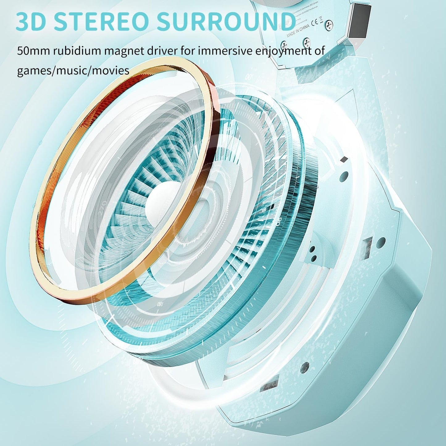 Gaming Headset mit Mikrofon und 3D Surround Sound, hellblau