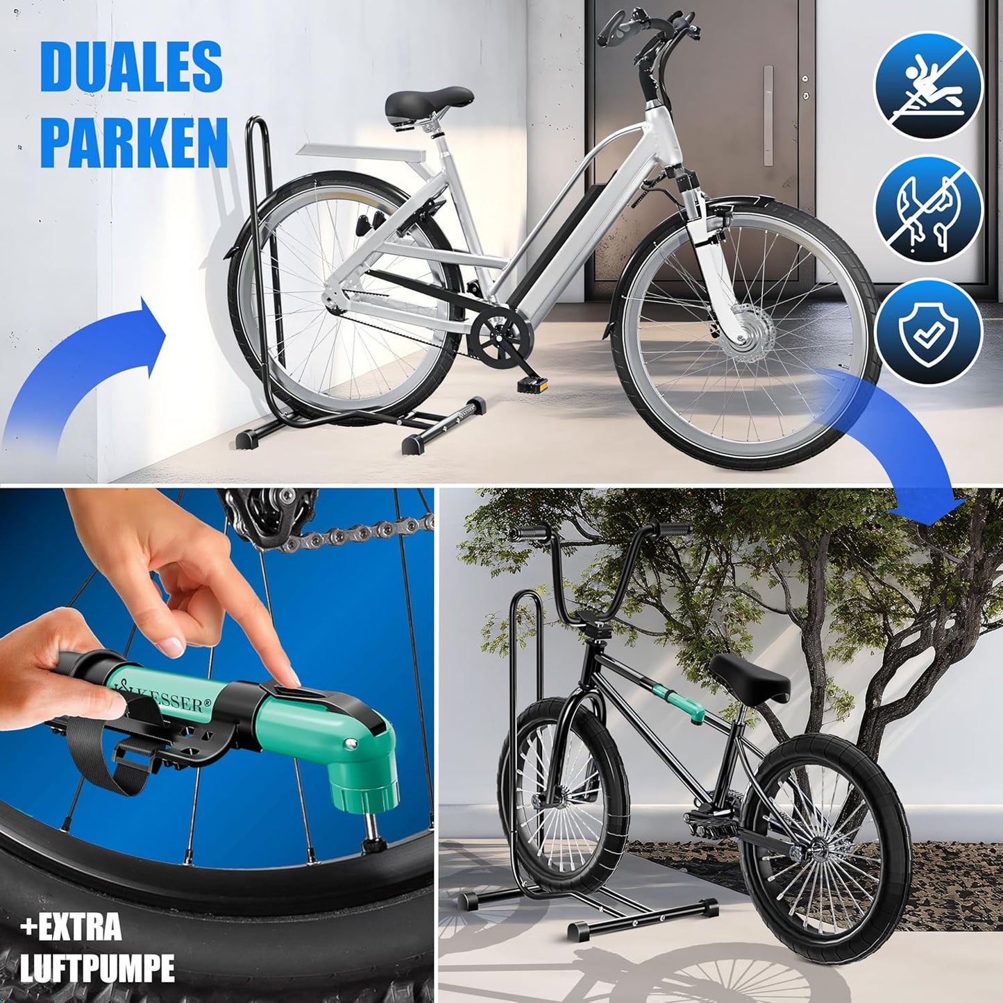 Veloständer mit Luftpumpe, Schwarz / 1er Set