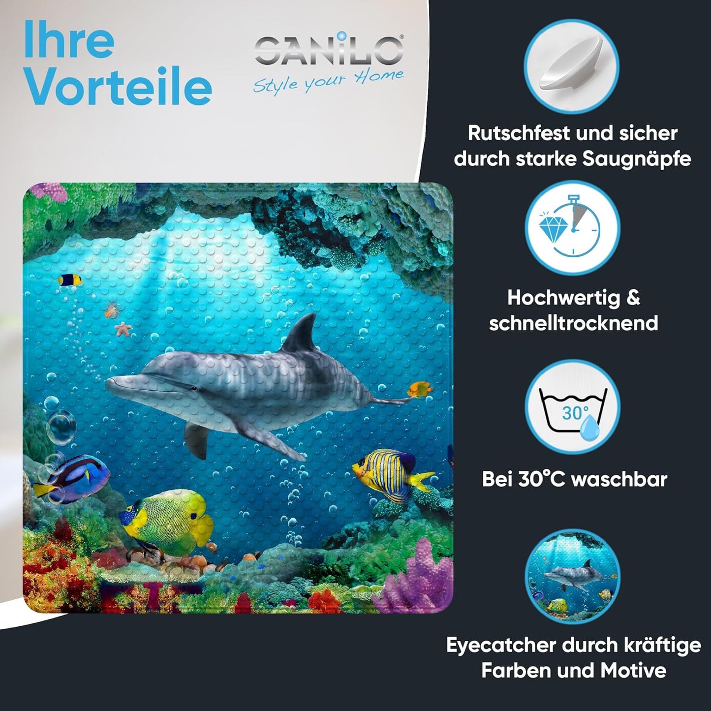Antirutsch-Badematte, maschinenwaschbar, Delphin-Motiv, Delphin