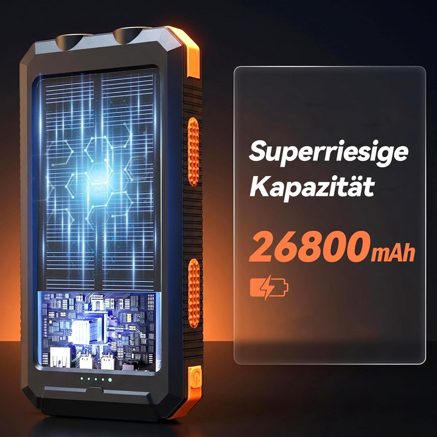 Solar Powerbank, wasserdicht, USB C, 4 Outputs, Dunkelorange