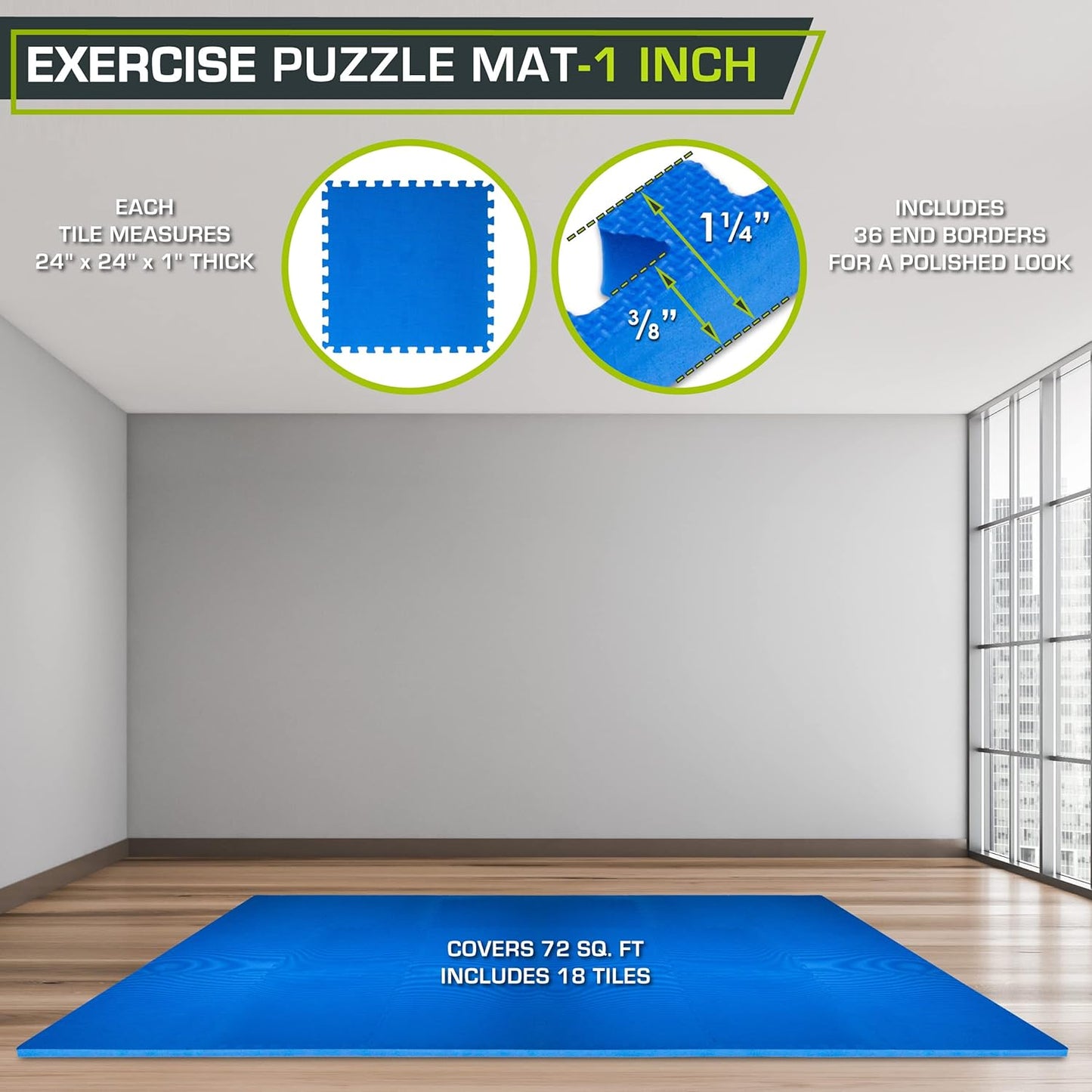 Extra dicke Puzzle-Übungsmatte, schützender Bodenbelag, Blue - 1 Inch - 72 Sq Ft - 18 Tiles
