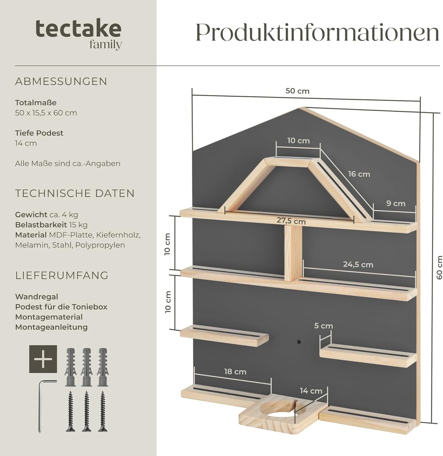 Wandregal für Toniebox und Figuren, Haus Anthrazit