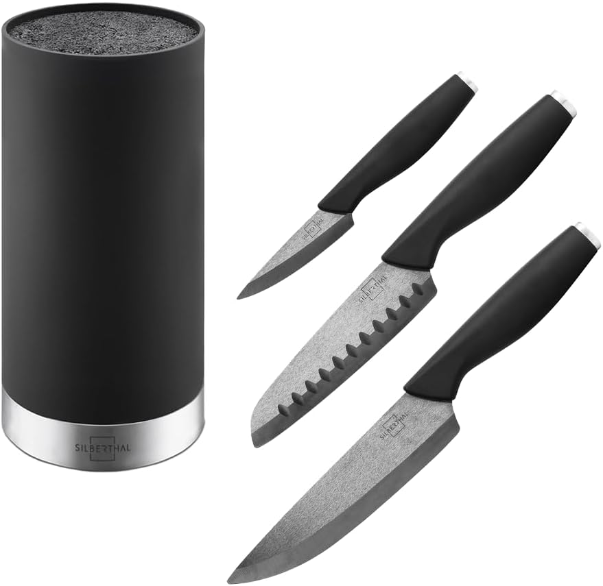 Messerblock mit Messer, Schwarz + 3tlg. Messerset
