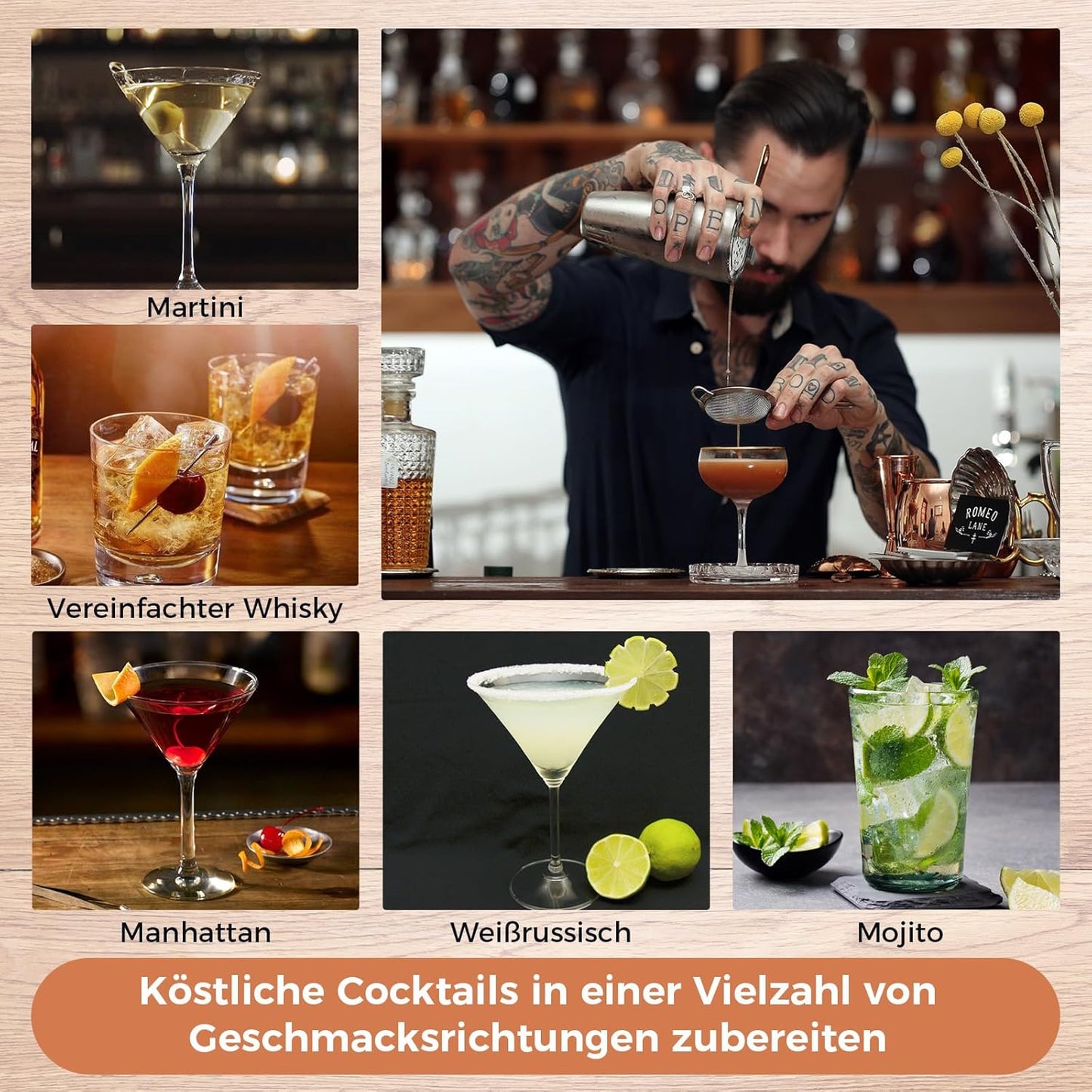 Cocktail Shaker Set mit Rezeptbuch und Ständer, Mit Gestell