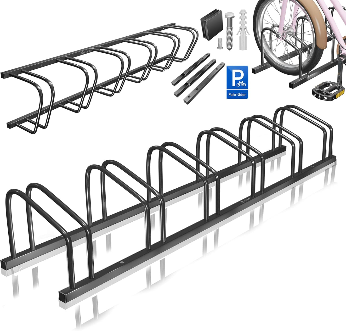 Fahrradständer für 6 Räder mit Parkschild, Schwarz 6 Fahrräder