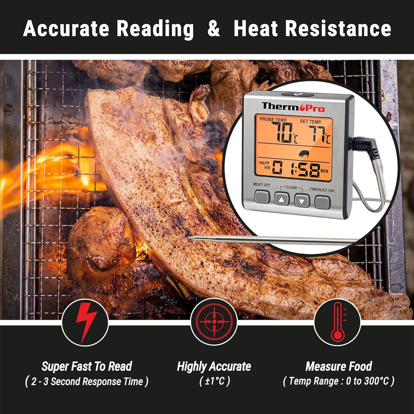Digitales Grill- und Bratenthermometer mit Timer, Edelstahl mit Hintergrundbeleuchtung