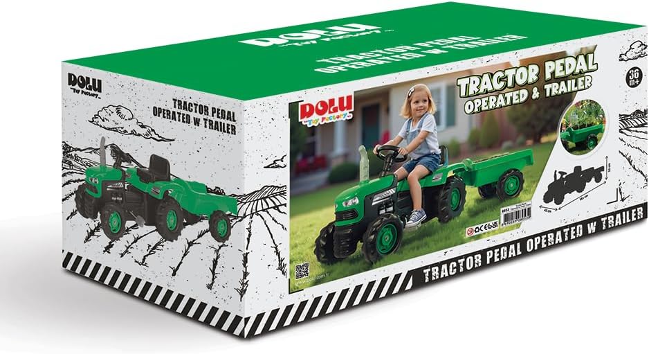 Kinder-Pedaltraktor mit Anhänger und Hupe, Grüner Trettraktor mit Anhänger