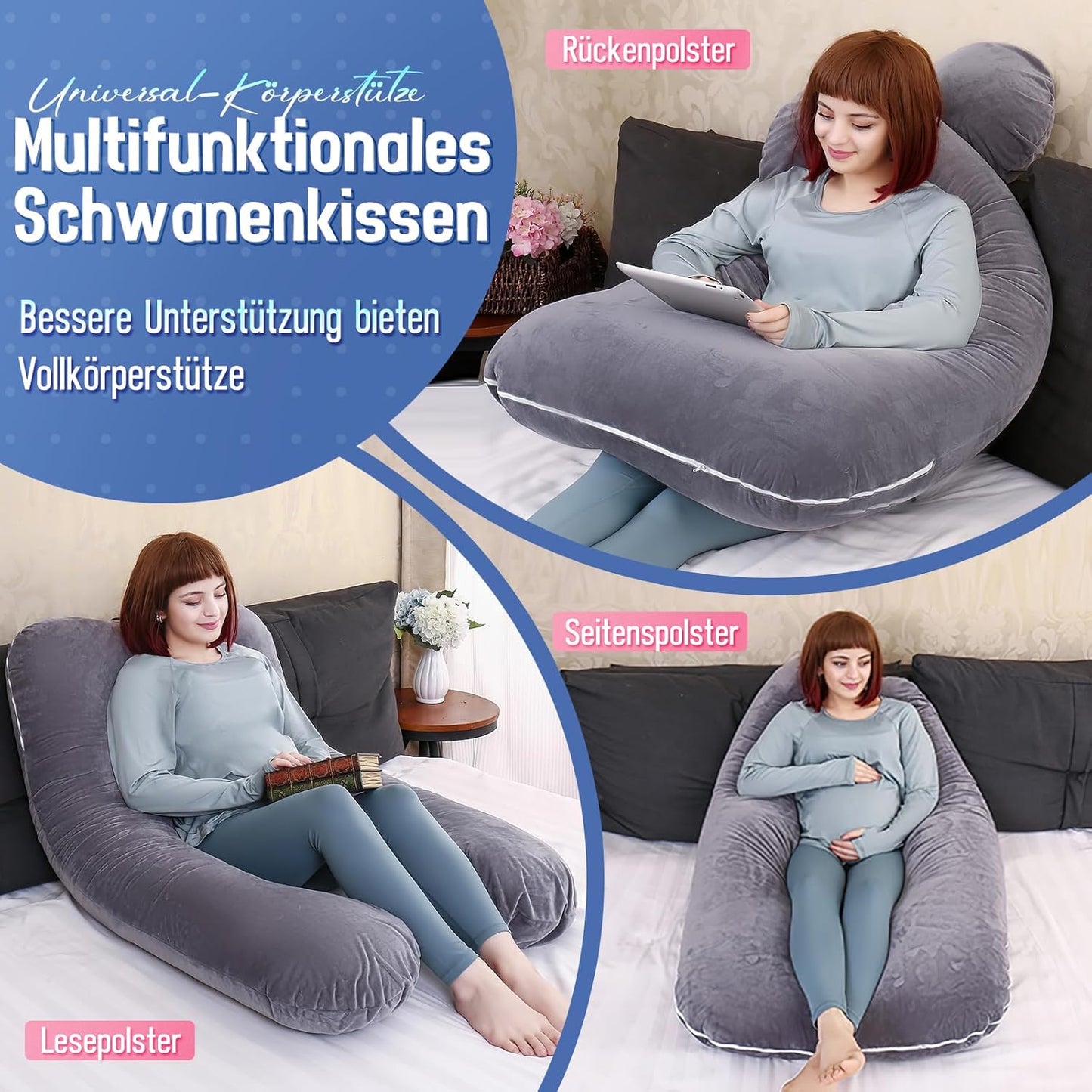 U-förmiges Schwangerschaftskissen für Ganzkörperunterstützung, Dunkelgrau Baumwolle