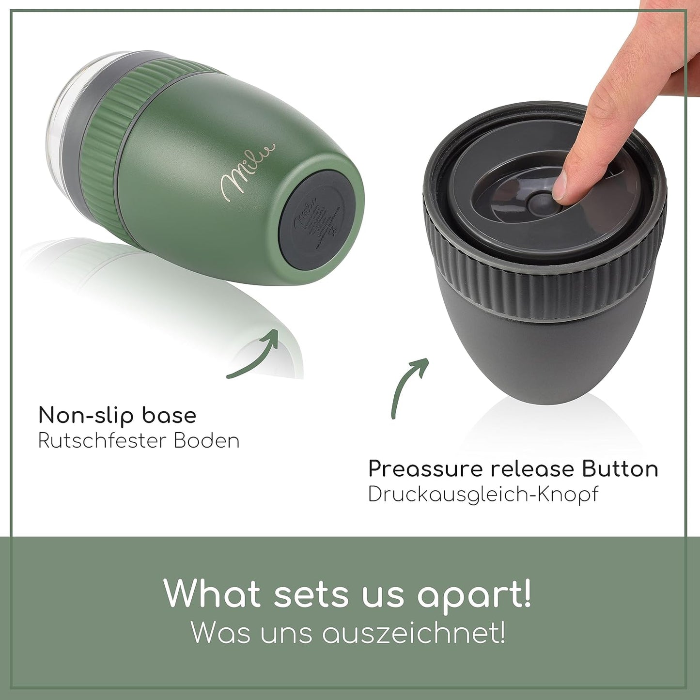 Isolierter Müslibecher mit Löffel, Olivgrün Edelstahl