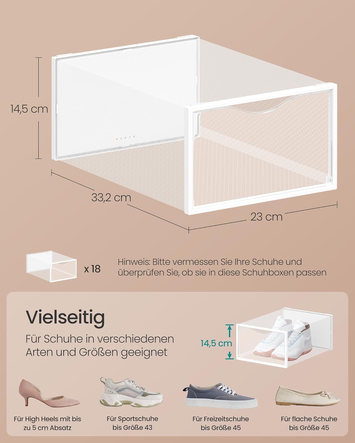 Schuhboxen-Set, stapelbare Schuh-Organizer (18 Stück), Transparent + Wolkenweiss 18