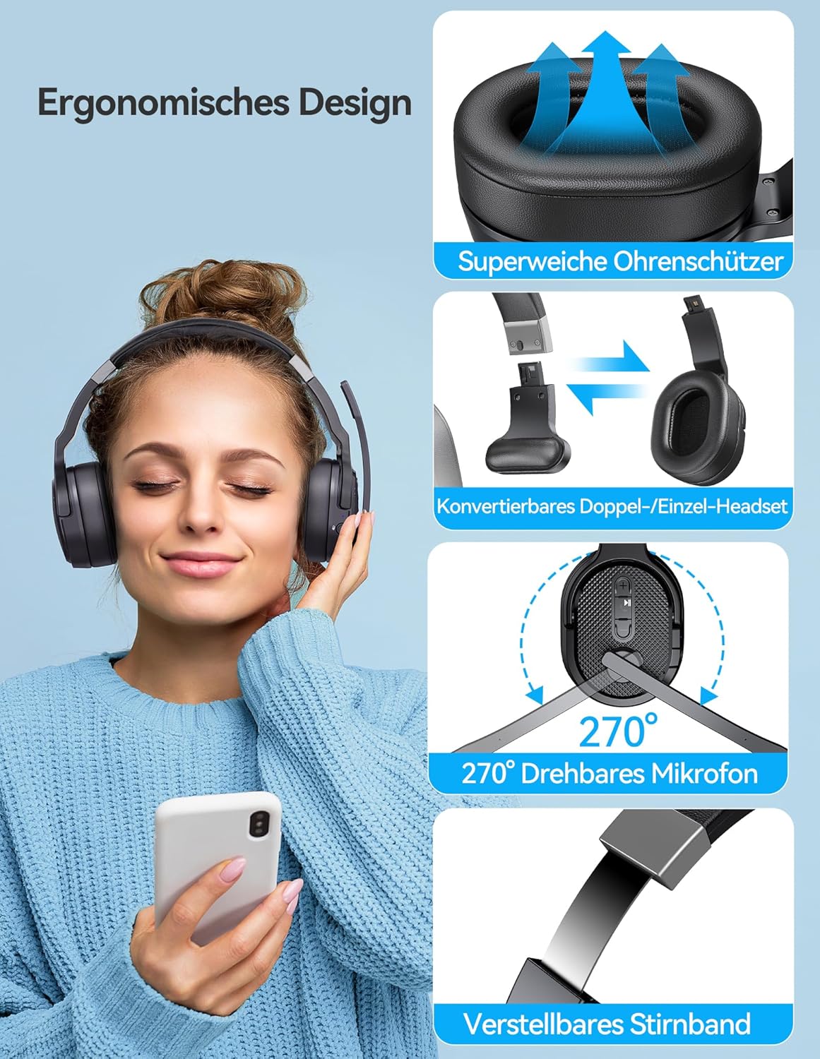 Bluetooth-Headset mit Mikrofon und Noise Cancelling, Reines Schwarz