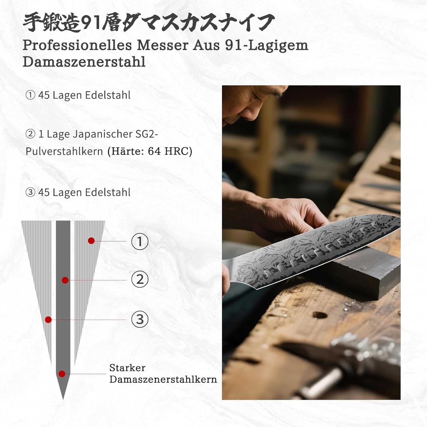 Damast Santokumesser, Santokumesser 18 cm 18 cm