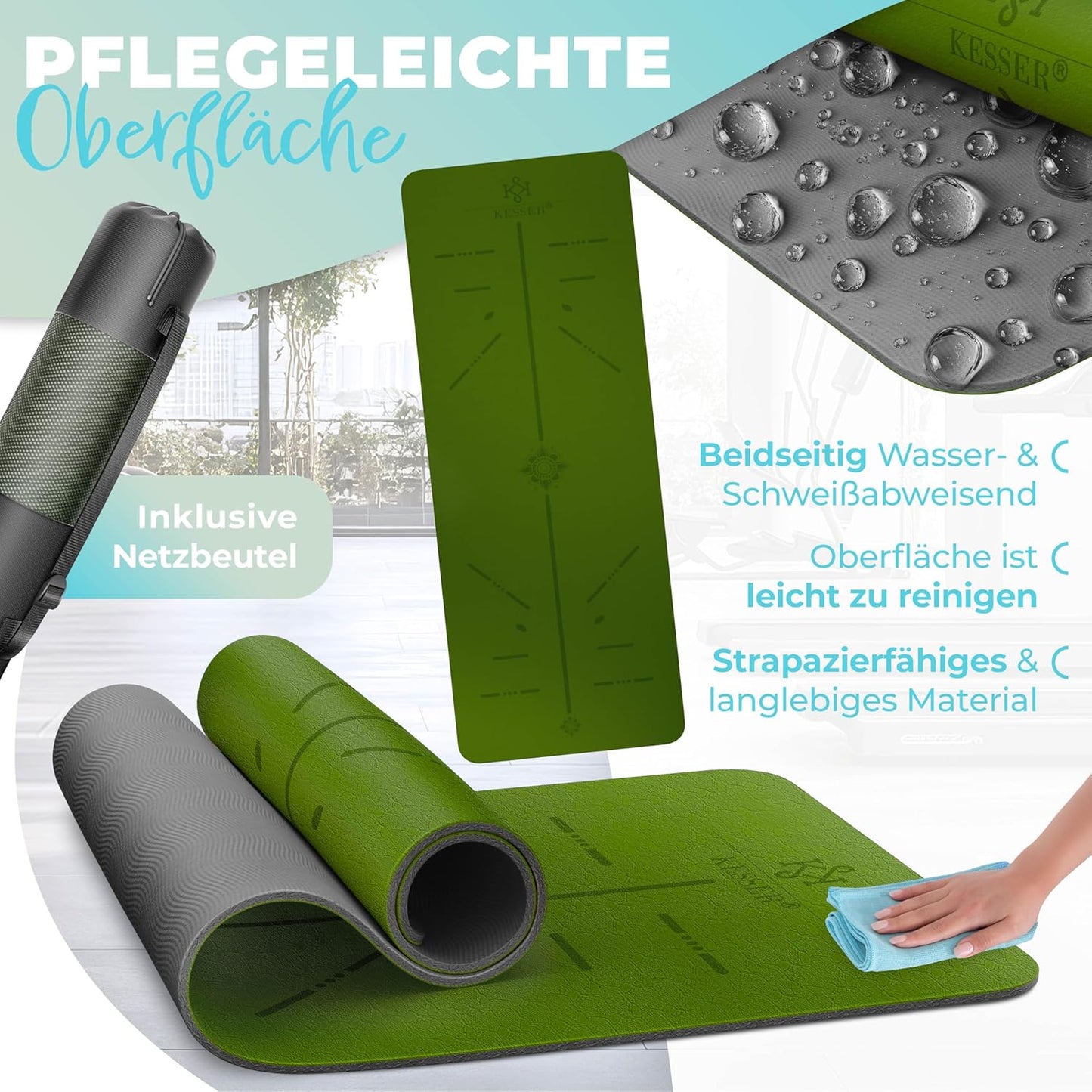 Rutschfeste Gymnastikmatte mit Tragegurt, Grün