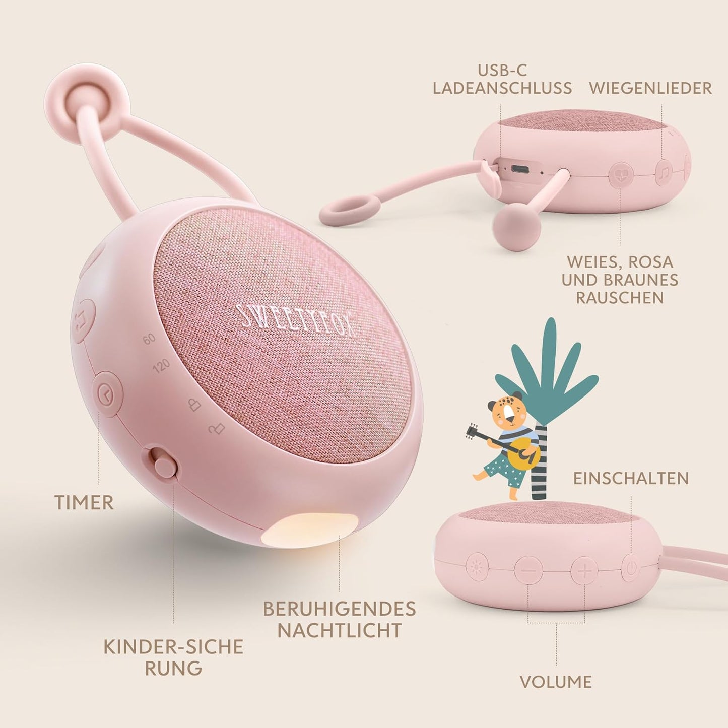 White Noise Machine mit Nachtlicht, Rosa