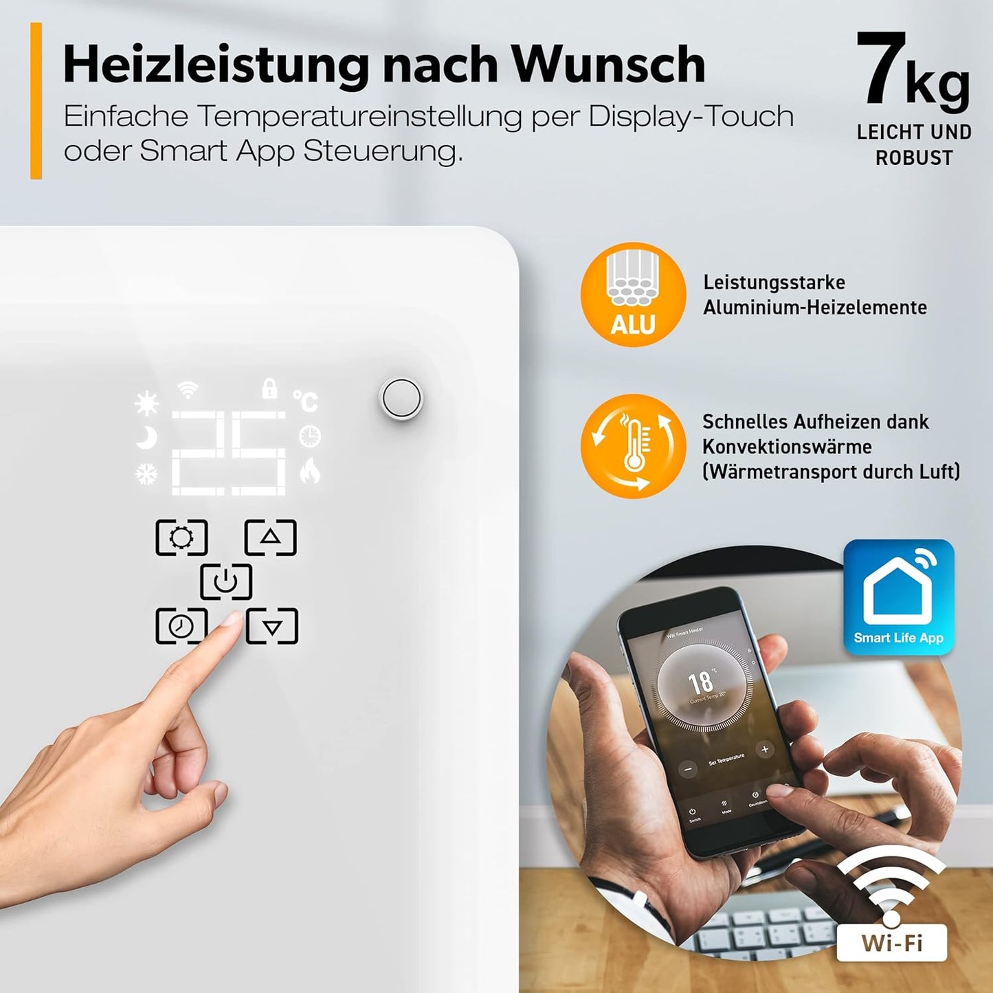 Glaskonvektor, 1500W, Weiss / 1500 Watt