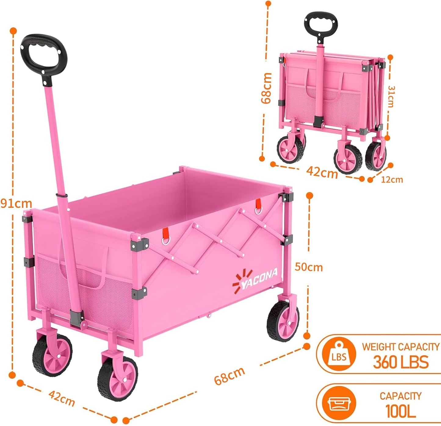 Faltbarer Bollerwagen mit verstärkten Rollen, Pink 100L