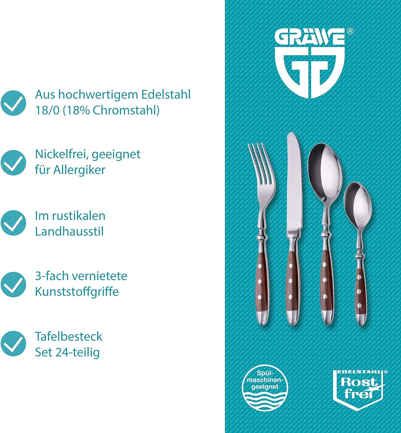 24-teiliges Tafelbesteck-Set Nürnberg, Braune Griffe 24-teilig | 6 Personen