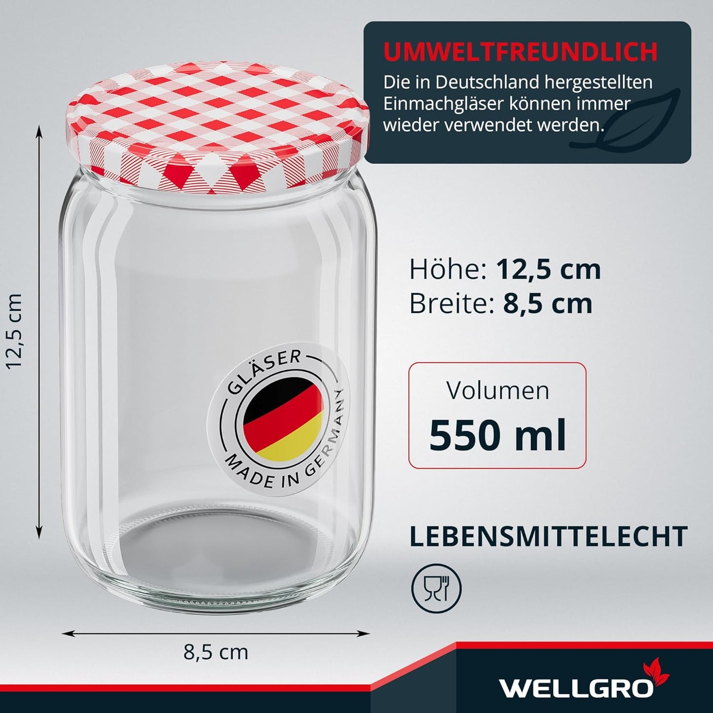 Einmachgläser-Set mit Schraubdeckel, Rot Kariert 550 ml 12