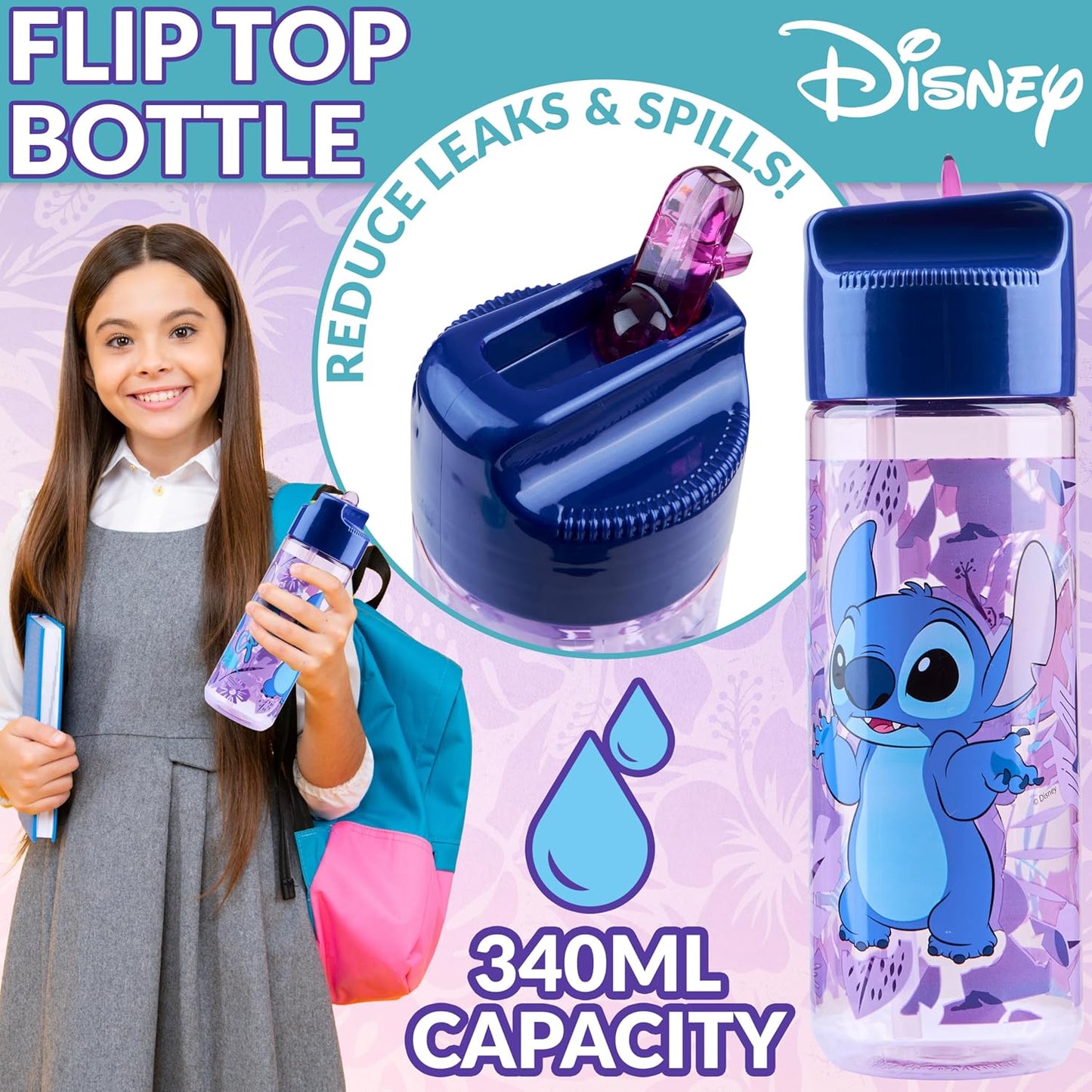 Stitch Kinder Lunchbox mit Fächern und Wasserflasche, Blau/Lila