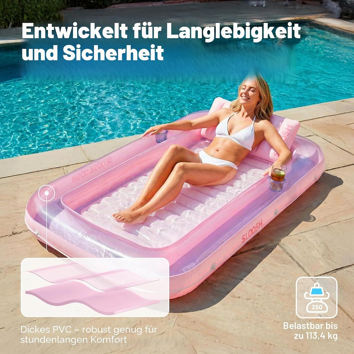 Aufblasbarer Sonnenpool mit abnehmbarem Kissen und Getränkehalter, Lila-Pink L