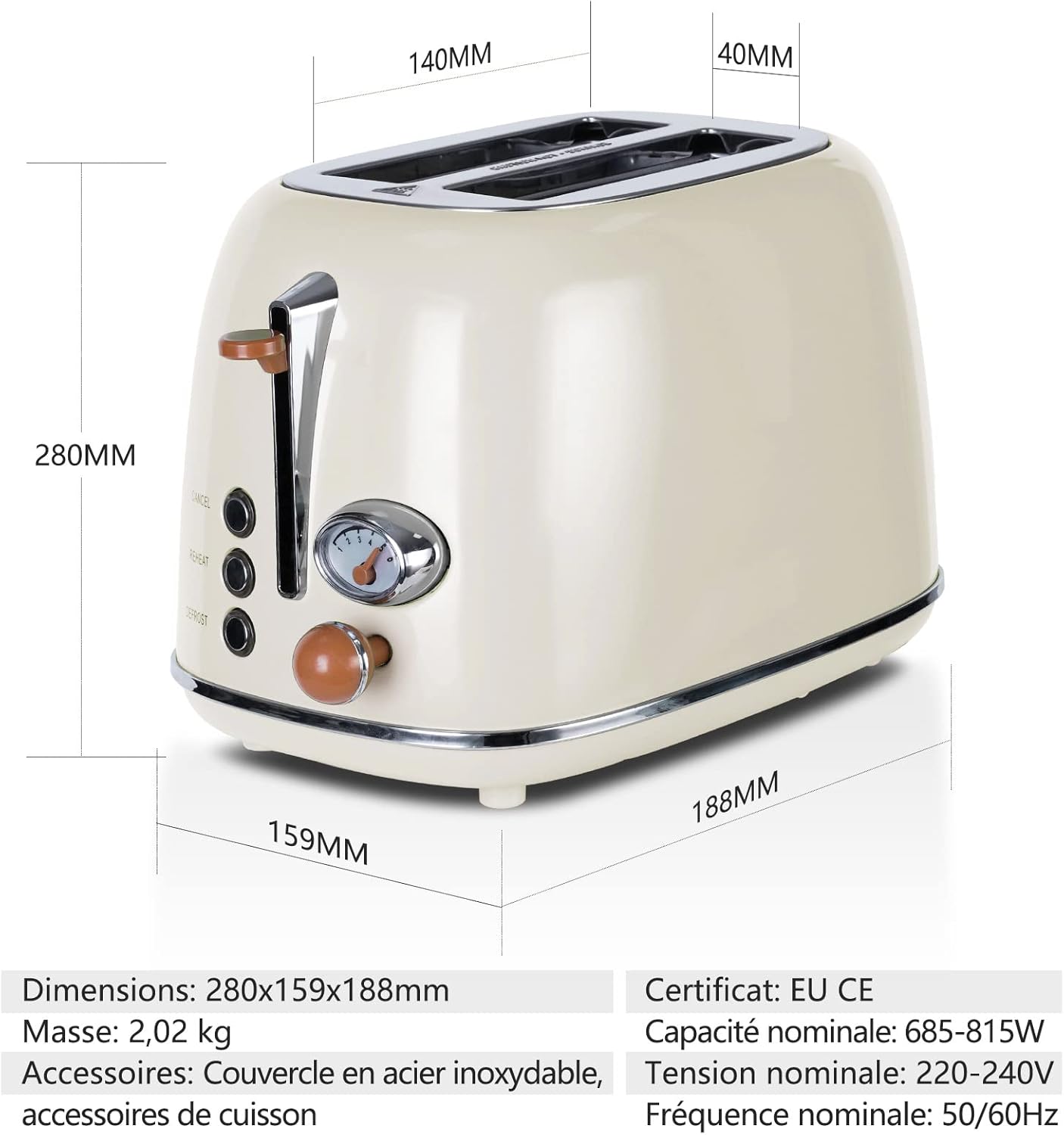 Retro Toaster mit Brötchenaufsatz und Countdown-Anzeige, Milchig Weiss